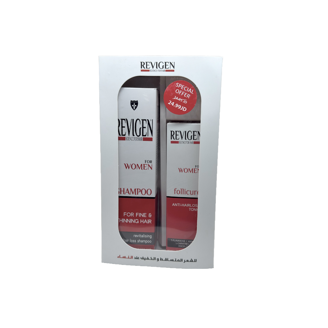 Revigen Shampoo for Women 250 ml + Revigen Follicure Anti Hair Loss Tonic for Women 100 ml - شامبو ريفيجين للنساء 250 مل + تونك ريفيجين فوليكيور المضاد لتساقط الشعر للنساء 100 مل