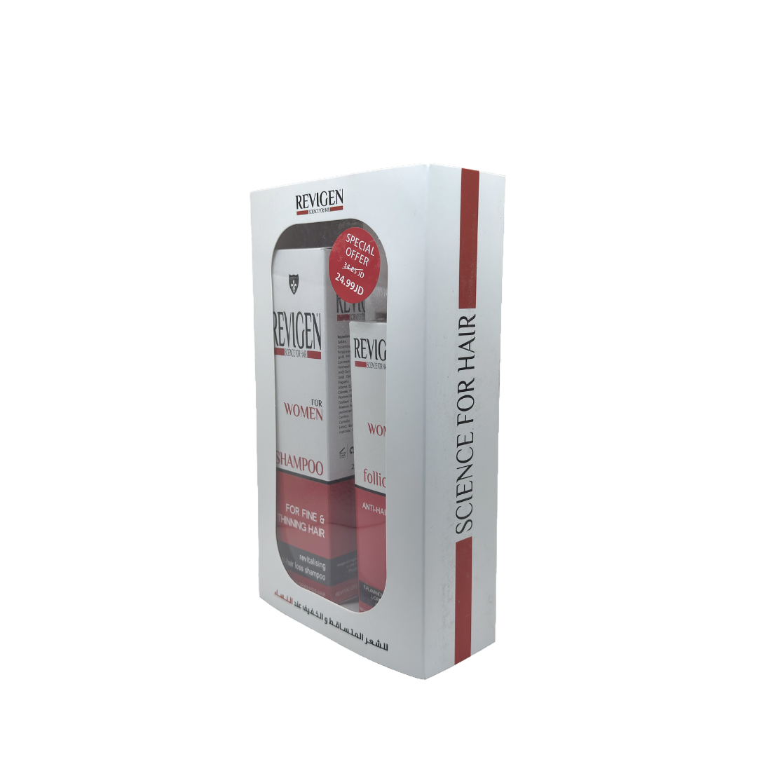 Revigen Shampoo for Women 250 ml + Revigen Follicure Anti Hair Loss Tonic for Women 100 ml - شامبو ريفيجين للنساء 250 مل + تونك ريفيجين فوليكيور المضاد لتساقط الشعر للنساء 100 مل
