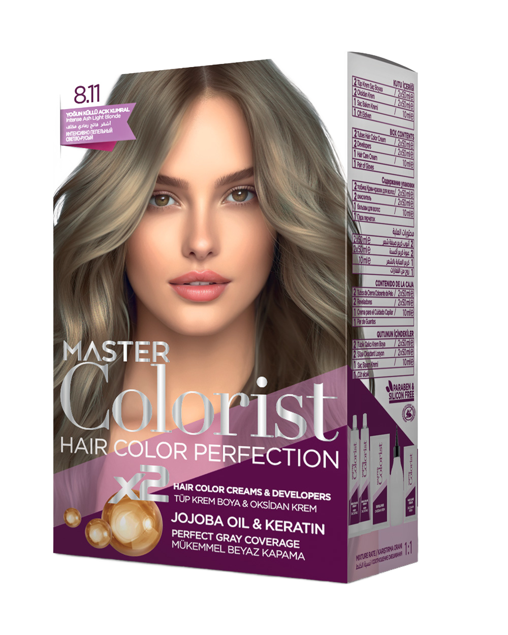 Master Colorist Premium Cream Hair Dye 8.11 Intense Ash Light Blonde - ماستر كولوريست بريميوم كريم صبغة شعر 8.11 أشقر فاتح رمادي مكثف