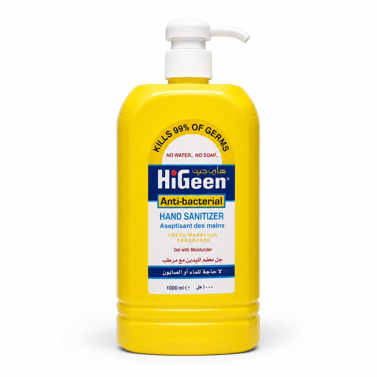 HiGeen Anti-bacterial Hand Sanitizer Fresh Maracuja Fragrance Gel with Moisturizer 1000 ml -هايجين جل معقم لليدين مضاد للبكتيريا برائحة الماراكويا المنعشة مع مرطب ١٠٠٠ مل