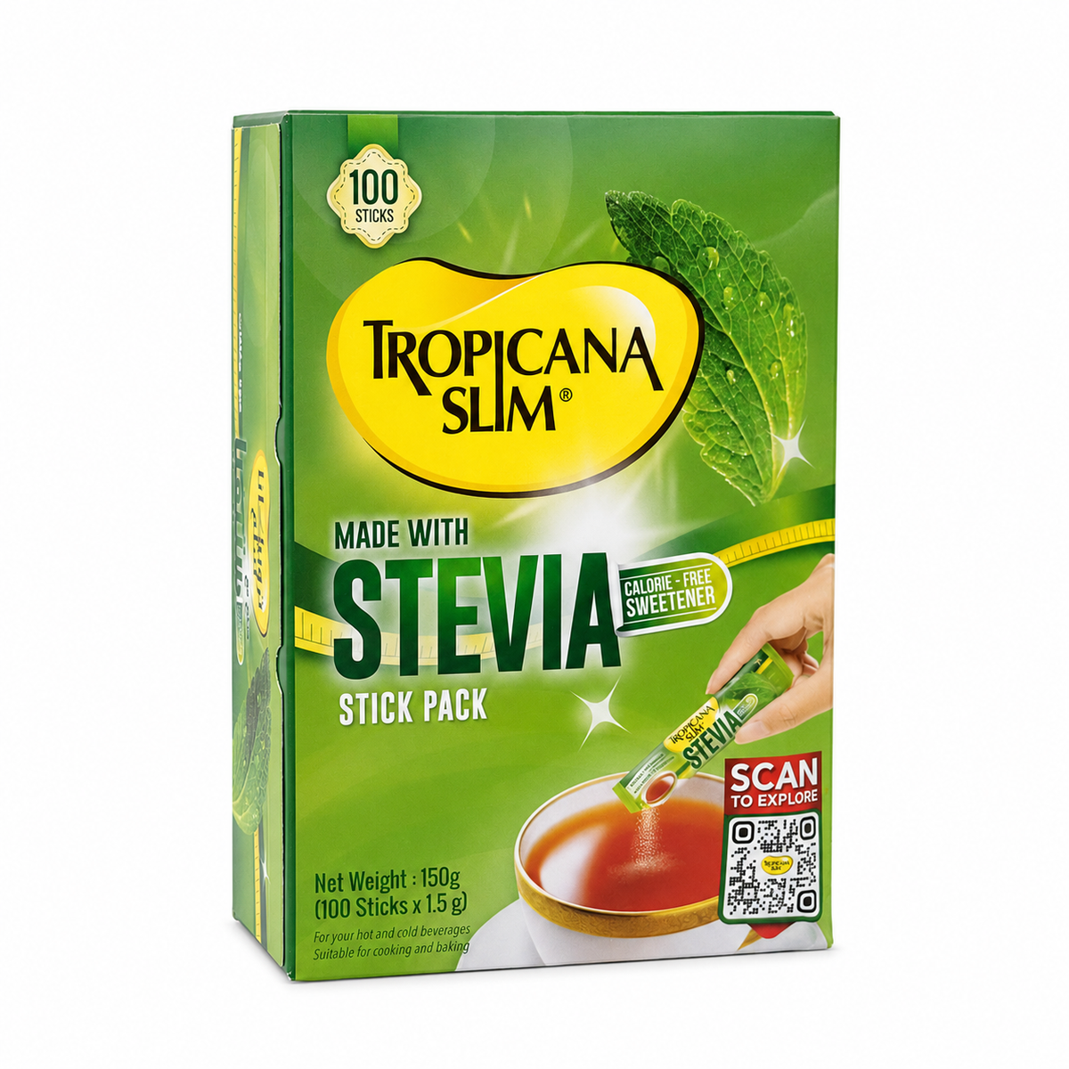 Tropicana Slim Stevia Zero Calorie Sweetener 100 Sticks 150 g - مُحلّي تروبيكانا سليم ستيفيا الخالي من السعرات الحرارية ١٠٠ كيس ١٥٠ غرام