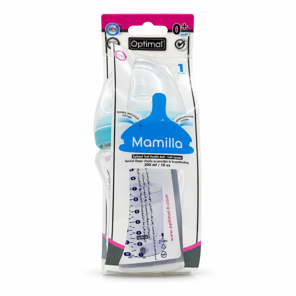 Optimal Mamilla Feeding Bottle with Double Anti-Colic System – 300 ml - أوبتيمال ماميلا رضاعة بنظام مزدوج مضاد للمغص – ٣٠٠ مل