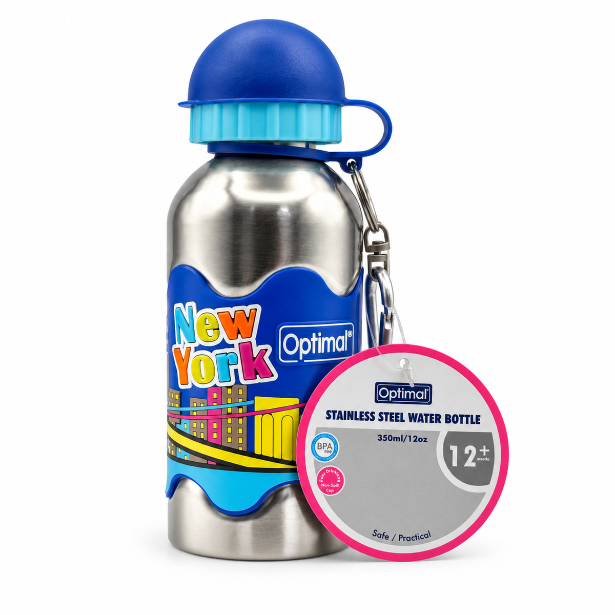 Optimal Stainless Steel Non-Spill Water Bottle 12+ Months 350 ml - أوبتيمال زجاجة ماء ستانلس ستيل مانعة للانسكاب من عمر ١٢ شهرًا فأكثر ٣٥٠ مل