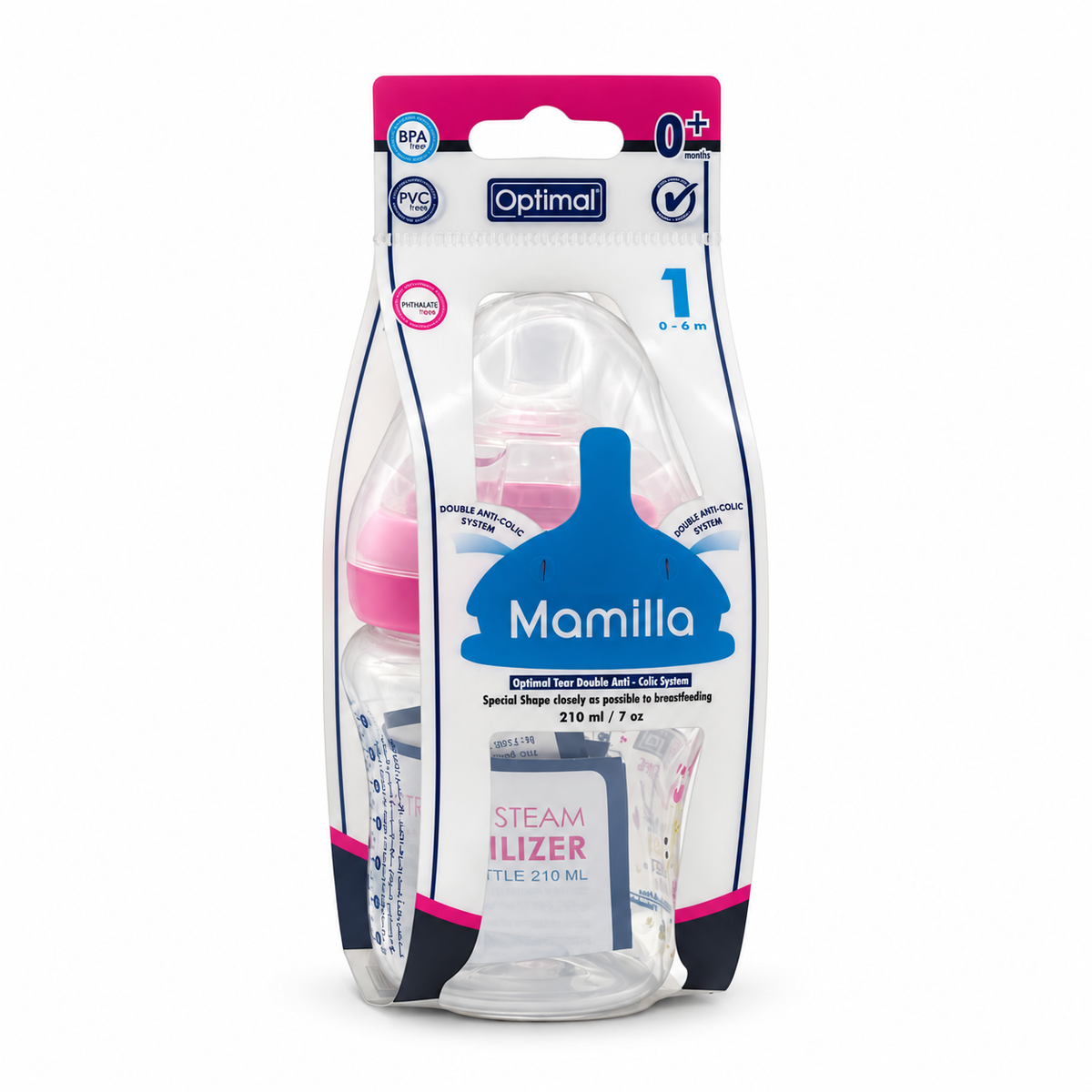 Optimal Mamilla Feeding Bottle with Double Anti-Colic System 0–6 Months 210 ml - أوبتيمال ماميلا رضاعة بنظام مزدوج مضاد للمغص من الولادة حتى ٦ أشهر ٢١٠ مل