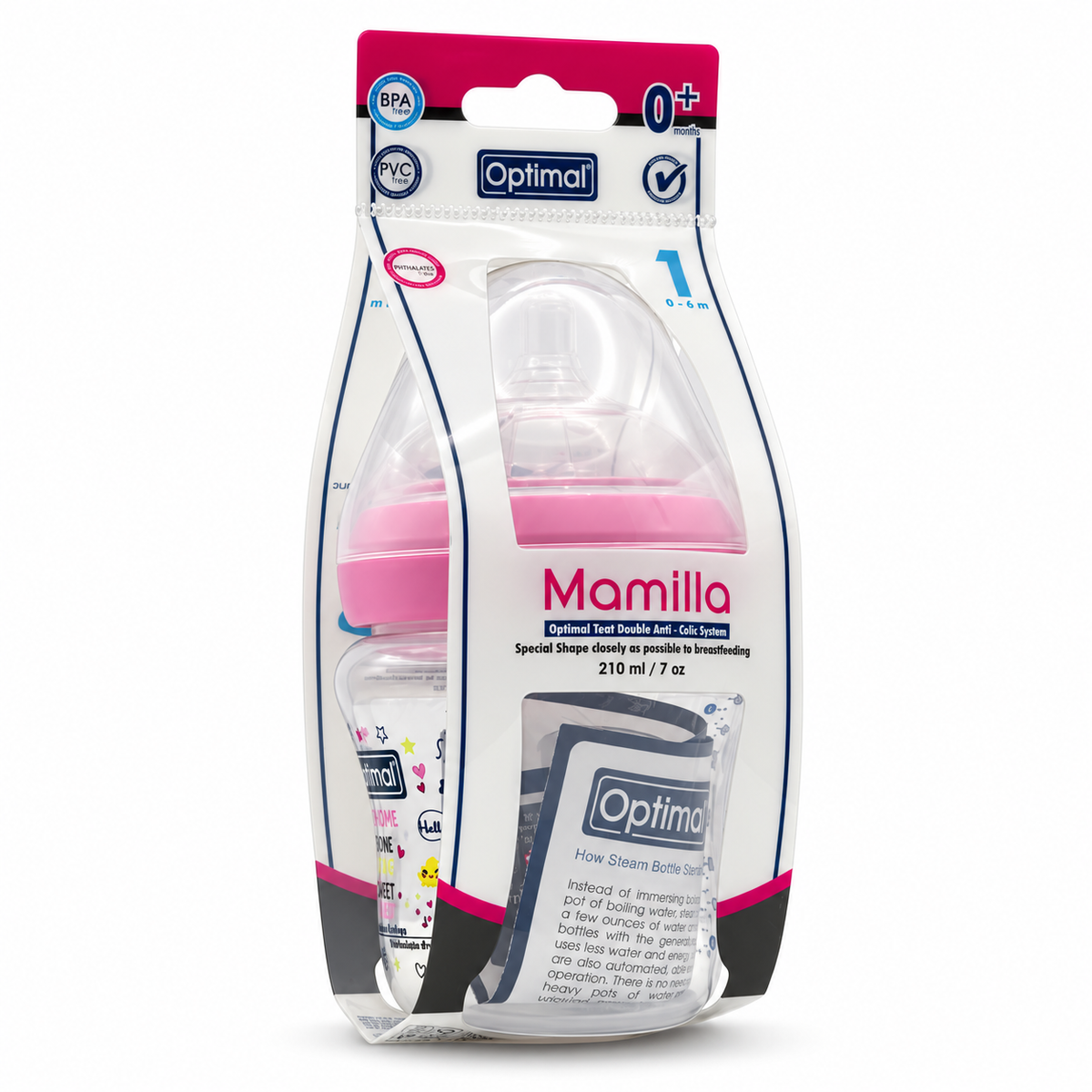 Optimal Mamilla Feeding Bottle with Double Anti-Colic System 0–6 Months 210 ml - أوبتيمال ماميلا رضاعة بنظام مزدوج مضاد للمغص من الولادة حتى ٦ أشهر ٢١٠ مل