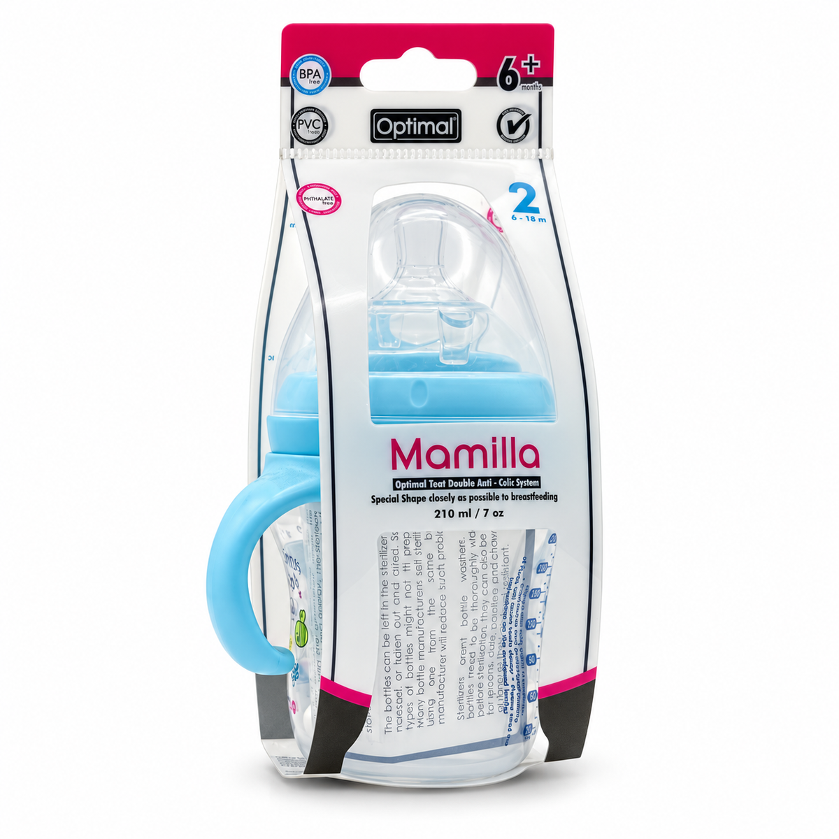Optimal Mamilla Feeding Bottle with Double Anti-Colic System 6–18 Months 210 ml - أوبتيمال ماميلا رضاعة بنظام مزدوج مضاد للمغص من ٦ إلى ١٨ شهرًا  ٢١٠ مل