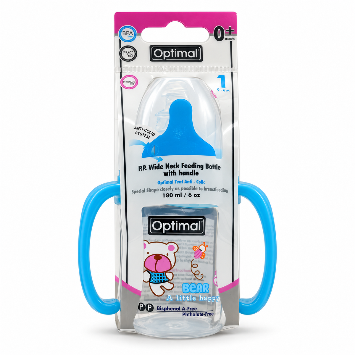 Optimal Wide Neck Feeding Bottle with Handle 0–6 Months 180 ml - أوبتيمال رضاعة واسعة العنق بمقبض من الولادة حتى ٦ أشهر  ١٨٠ مل