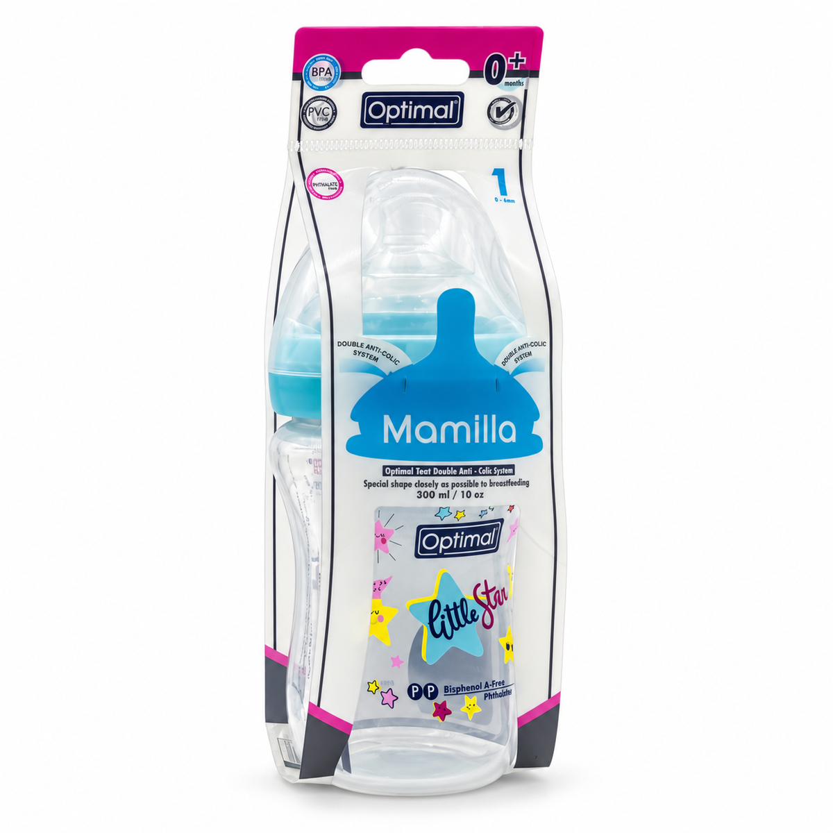 Optimal Mamilla Feeding Bottle with Double Anti-Colic System 0+ Months  300 ml - أوبتيمال ماميلا رضاعة بنظام مزدوج مضاد للمغص منذ الولادة  ٣٠٠ مل