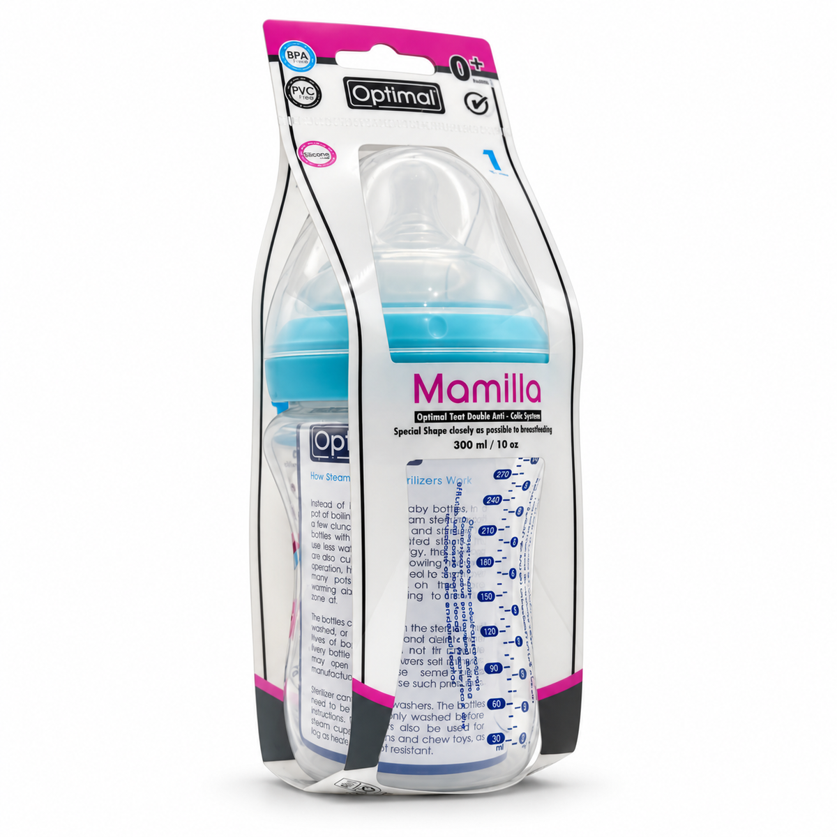 Optimal Mamilla Feeding Bottle with Double Anti-Colic System 0+ Months  300 ml - أوبتيمال ماميلا رضاعة بنظام مزدوج مضاد للمغص منذ الولادة  ٣٠٠ مل