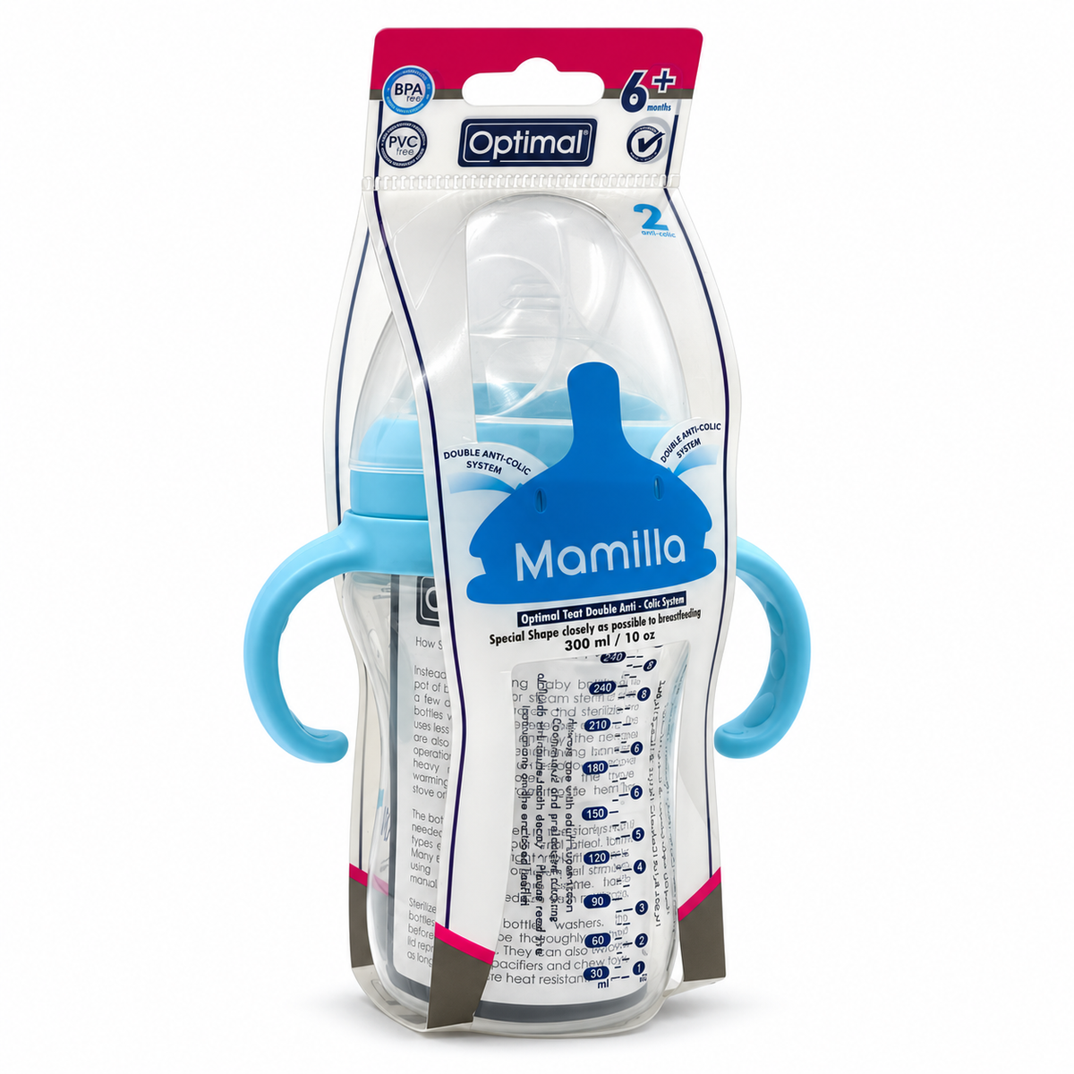 Optimal Mamilla Feeding Bottle with Double Anti-Colic System 6+ Months 300 ml - أوبتيمال ماميلا رضاعة بنظام مزدوج مضاد للمغص من عمر ٦ أشهر  ٣٠٠ مل