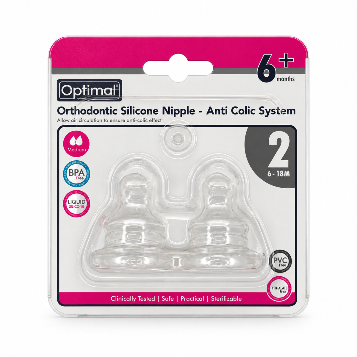 Optimal Orthodontic Anti-Colic Silicone Nipple Medium Flow 6–18 Months - أوبتيمال حلمة رضاعة سيليكون بتصميم تقويمي مضادة للمغص بتدفق متوسط من ٦ إلى ١٨ شهرًا