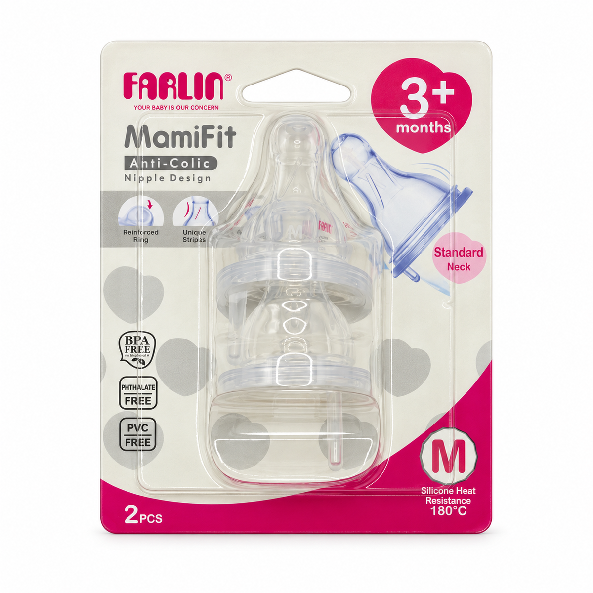 Farlin MomFit Anti-Colic Silicone Nipples  3+ Months – 2 PCS - فارلين موم فيت حلمات رضاعة سيليكون مضادة للمغص من عمر ٣ أشهر قطعتان