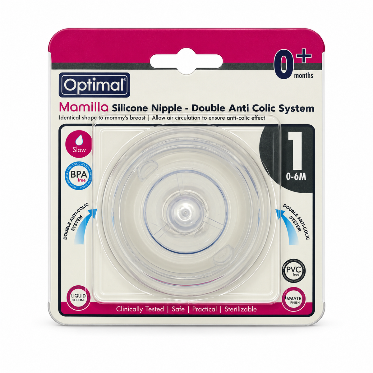 Optimal Mamilla Silicone Nipple Double Anti-Colic System Slow Flow 0–6 Months - أوبتيمال ماميلا حلمة رضاعة سيليكون بنظام مزدوج مضاد للمغص وتدفق بطيء من الولادة حتى ٦ أشهر