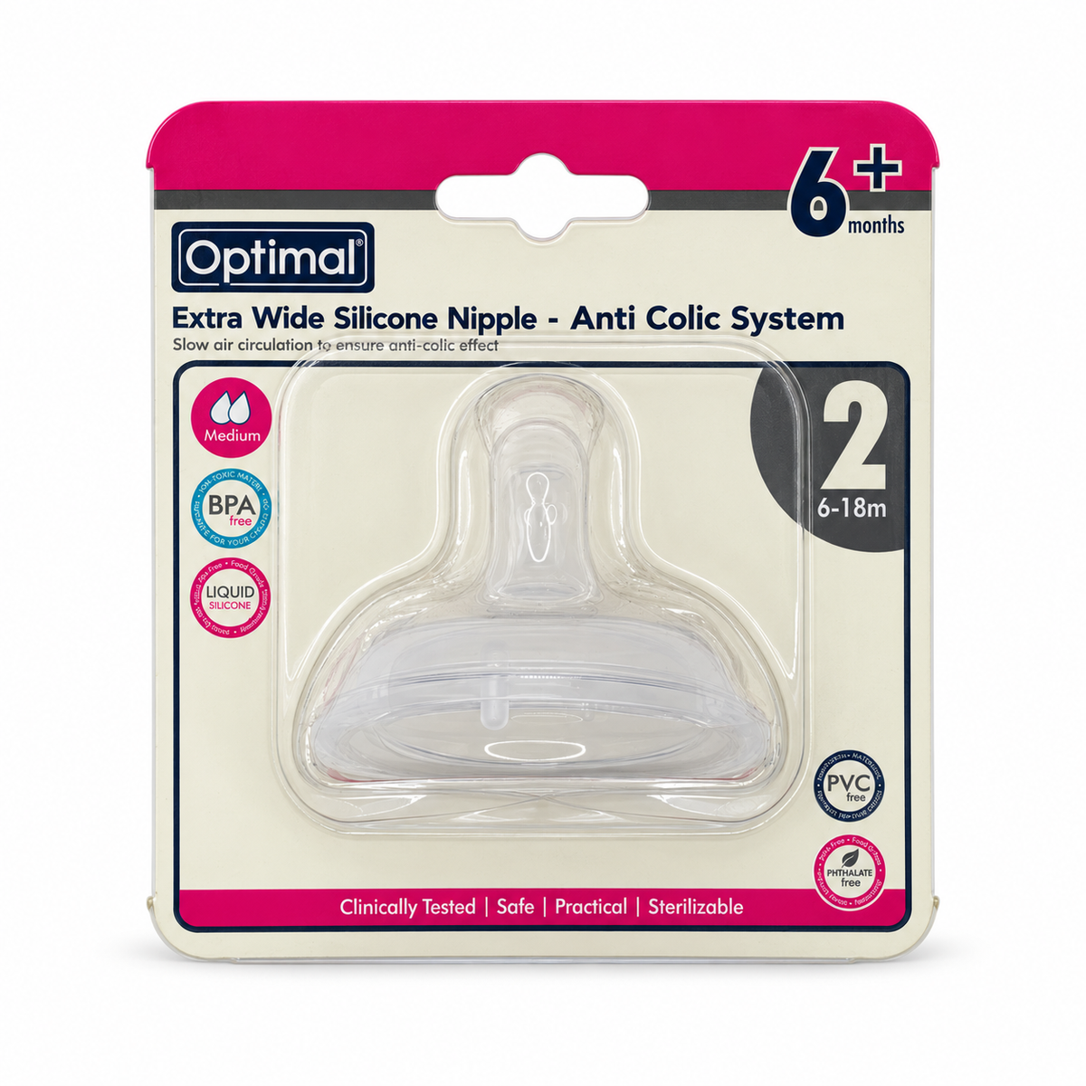 Optimal Extra Wide Anti-Colic Silicone Nipple Medium Flow 6–18 Months - أوبتيمال حلمة رضاعة سيليكون فائقة الاتساع مضادة للمغص بتدفق متوسط من ٦ إلى ١٨ شهرًا