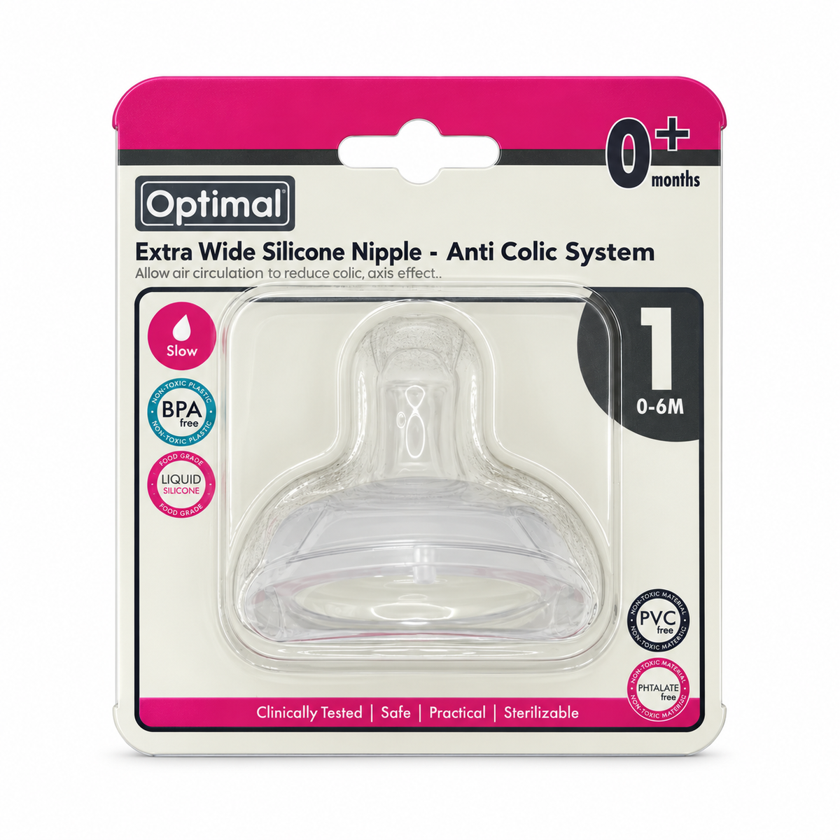 Optimal Extra Wide Anti-Colic Silicone Nipple Slow Flow 0–6 Months - أوبتيمال حلمة رضاعة سيليكون فائقة الاتساع مضادة للمغص بتدفق بطيء من الولادة حتى ٦ أشهر