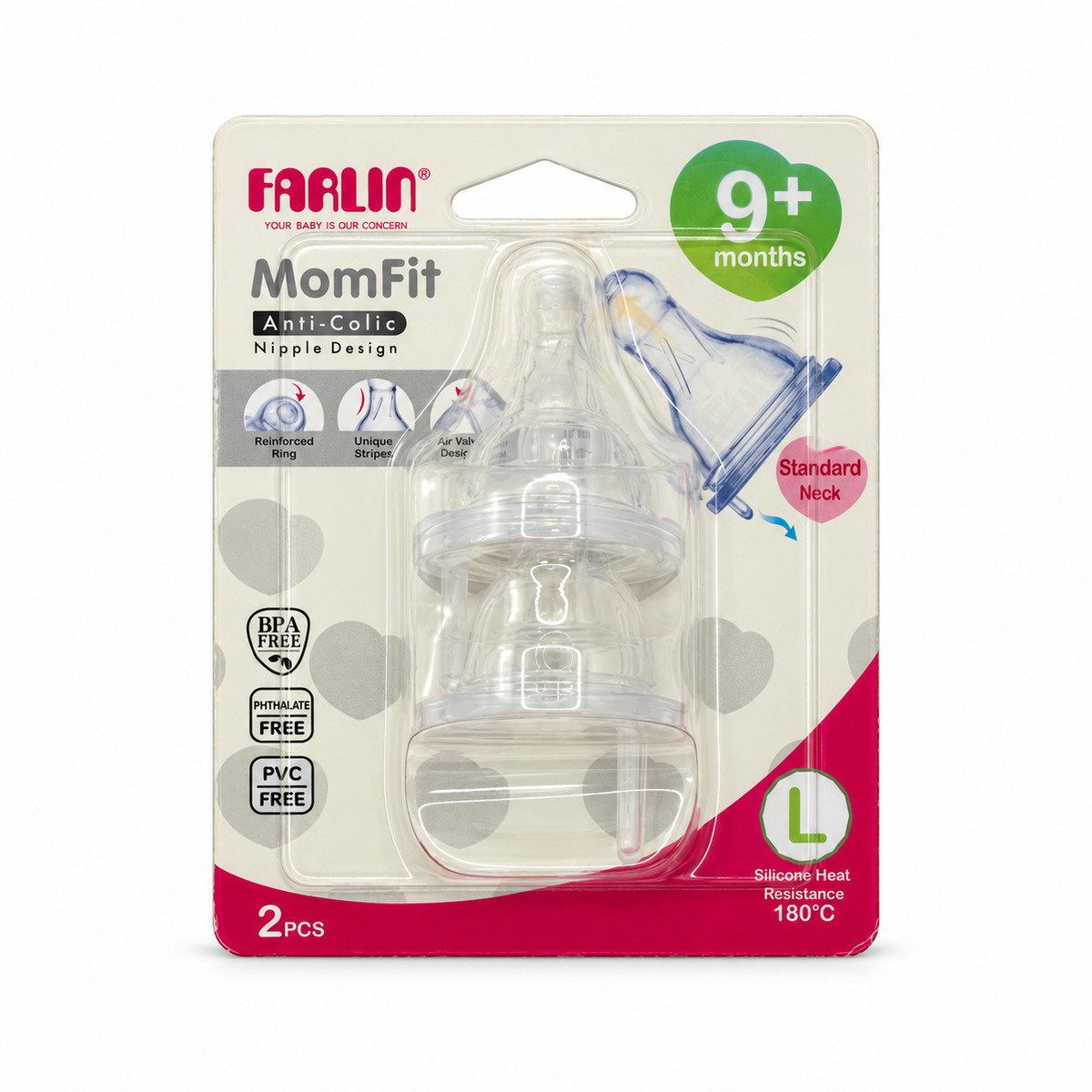 Farlin MomFit Anti-Colic Silicone Nipples Standard Neck 9+ Months 2 PCS - فارلين موم فيت حلمات رضاعة سيليكون مضادة للمغص برقبة قياسية من عمر ٩ أشهر قطعتان