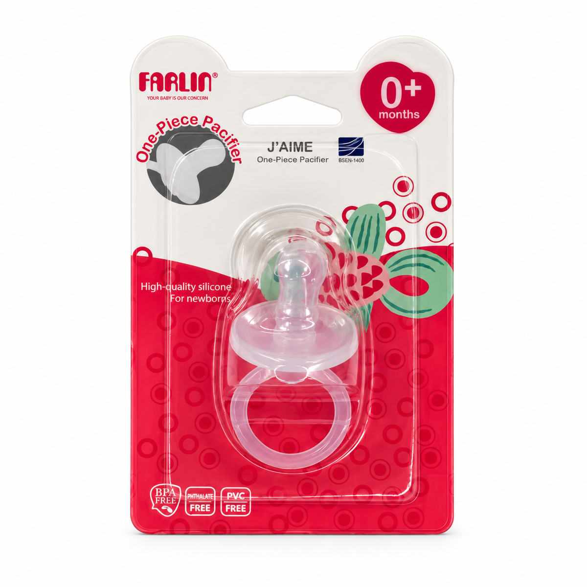 Farlin J’AIME One-Piece Silicone Pacifier 0+ Months - فارلين جيم لهاية سيليكون من قطعة واحدة منذ الولادة