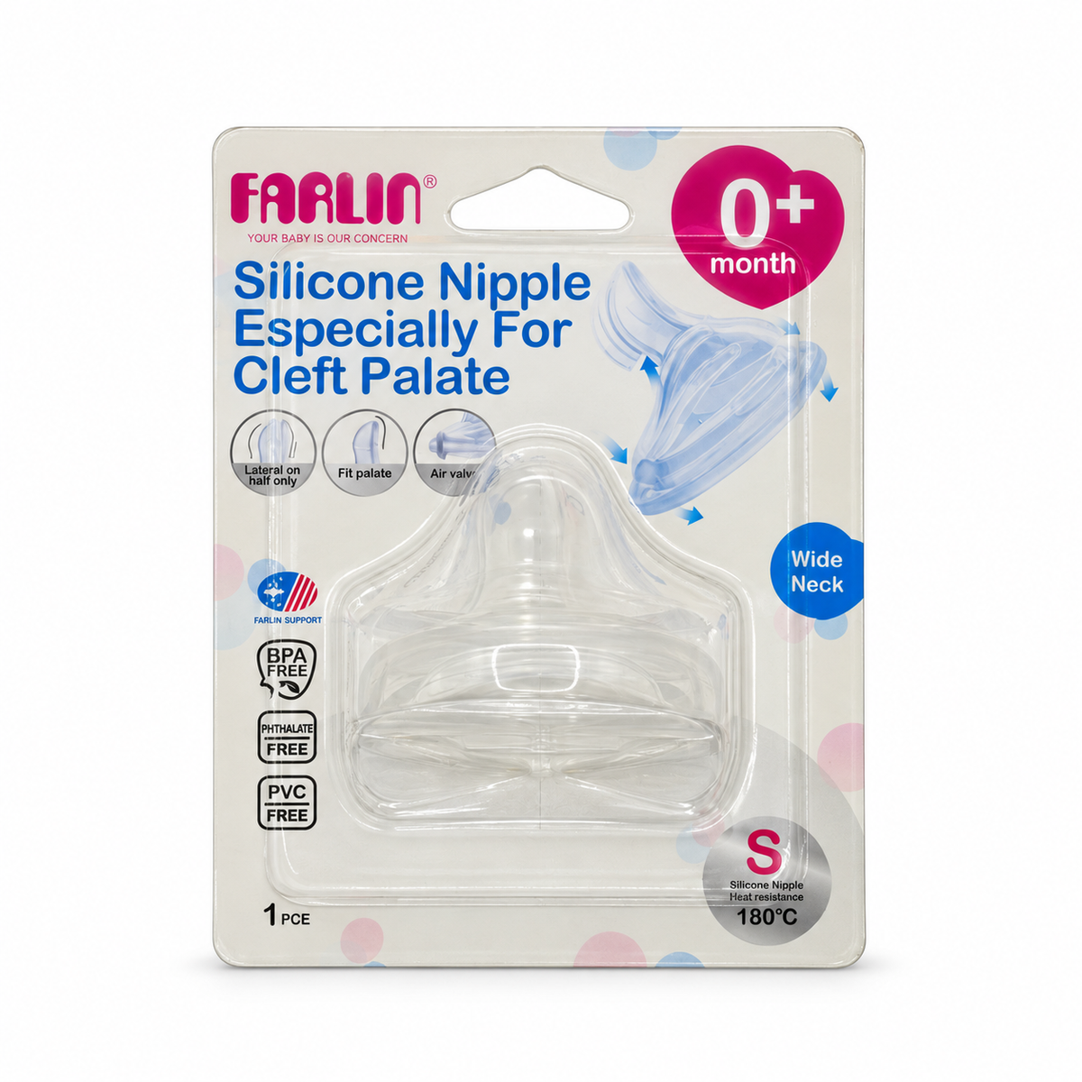 Farlin Wide Neck Silicone Nipple for Cleft Palate Size S 0+ Months 1 Piece - (S)  حلمة رضاعة سيليكون واسعة العنق لشق الحنك منذ الولادة  قطعة واحدة مقاس