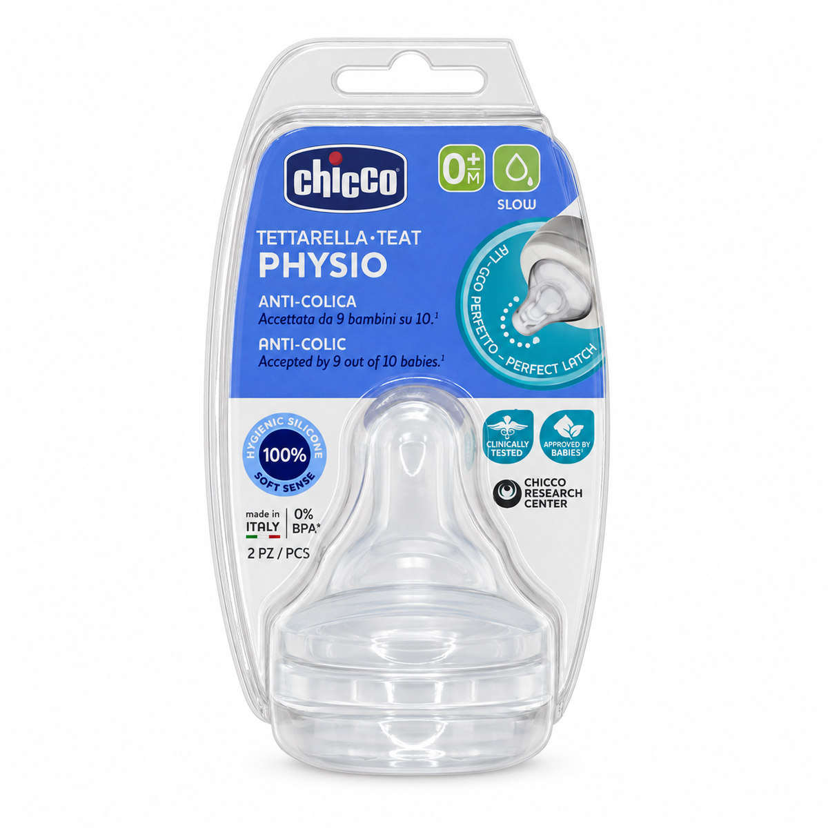 Chicco Physio Soft Sense Anti-Colic Teats Slow Flow – 2 PCS - شيكو فيزيو حلمات رضاعة سيليكون سوفت سينس مضادة للمغص بتدفق بطيء – قطعتان