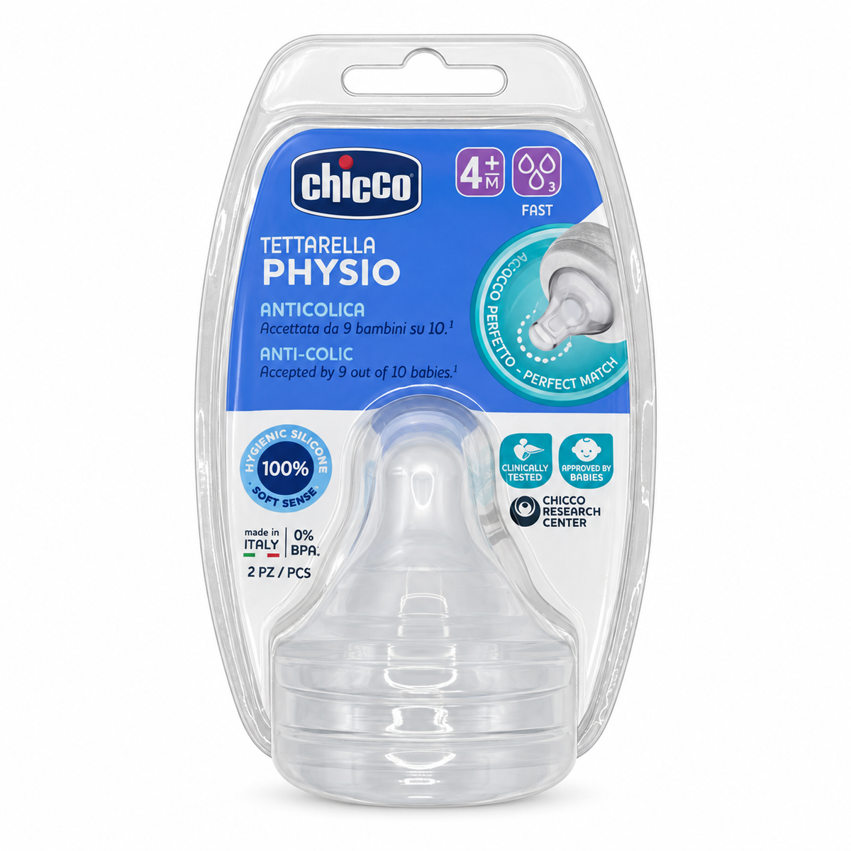 Chicco Physio Soft Sense Anti-Colic Teats Fast Flow 4+ Months – 2 PCS - شيكو فيزيو حلمات رضاعة سيليكون سوفت سينس مضادة للمغص بتدفق سريع من عمر ٤ أشهر – قطعتان