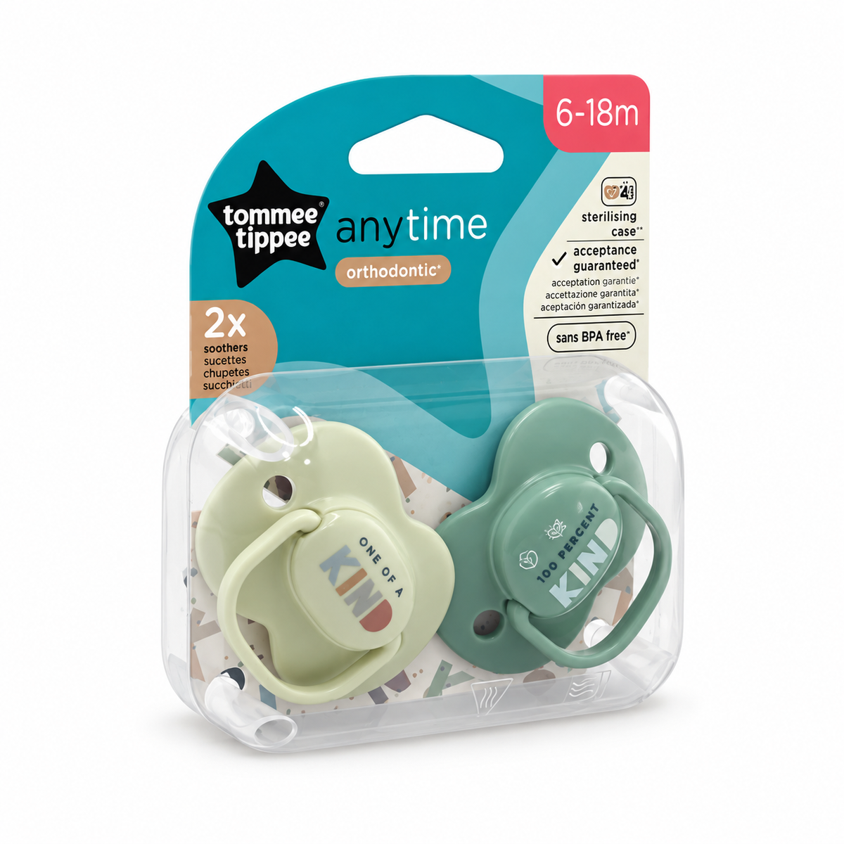 Tommee Tippee Anytime Orthodontic Soothers 6–18 Months Pack of 2 - تومي تيبي أني تايم لهايات ملائمة لأسنان الأطفال لعمر ٦ إلى ١٨ شهرًا عبوة من قطعتين