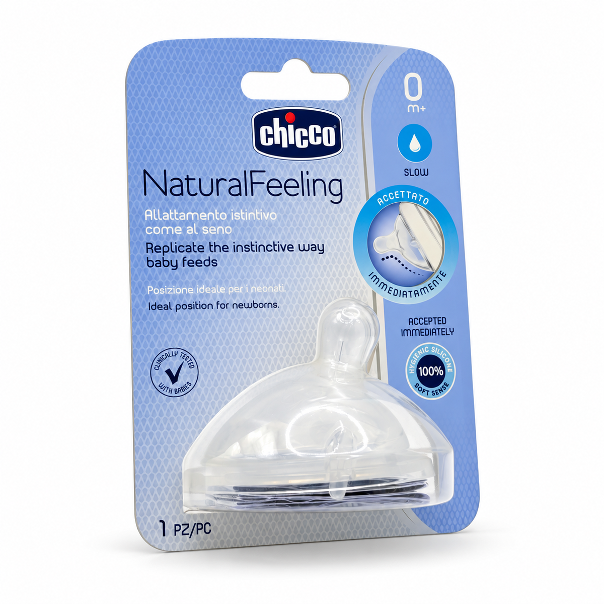 Chicco NaturalFeeling Soft Sense Silicone Teat Slow Flow  1 PC - شيكو ناتشورال فيلينج حلمة رضاعة سيليكون سوفت سينس بتدفق بطيء قطعة واحدة