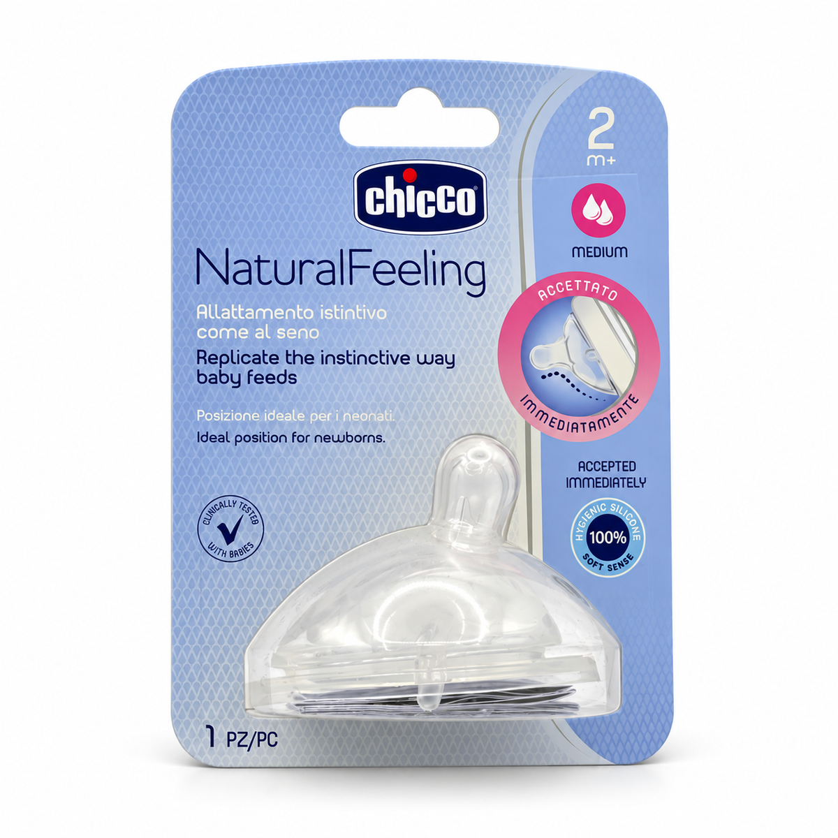 Chicco NaturalFeeling Soft Sense Silicone Teat Medium Flow 2+ Months – 1 PC - شيكو ناتشورال فيلينج حلمة رضاعة سيليكون سوفت سينس بتدفق متوسط من عمر شهرين – قطعة واحدة