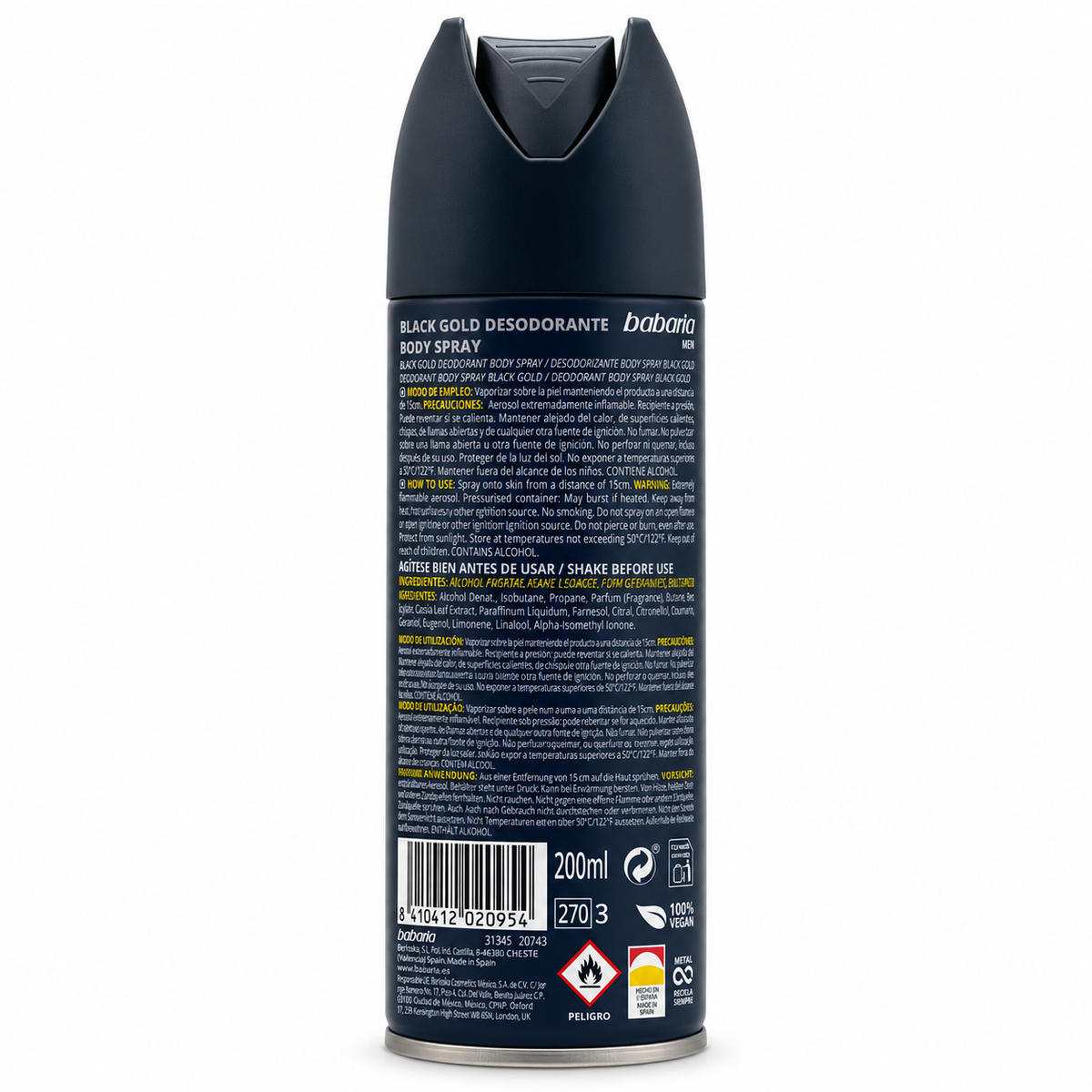 Babaria Men Black Gold Deodorant Body Spray 200 ml - باباريا بلاك جولد بخاخ مزيل لرائحة العرق للرجال ٢٠٠ مل