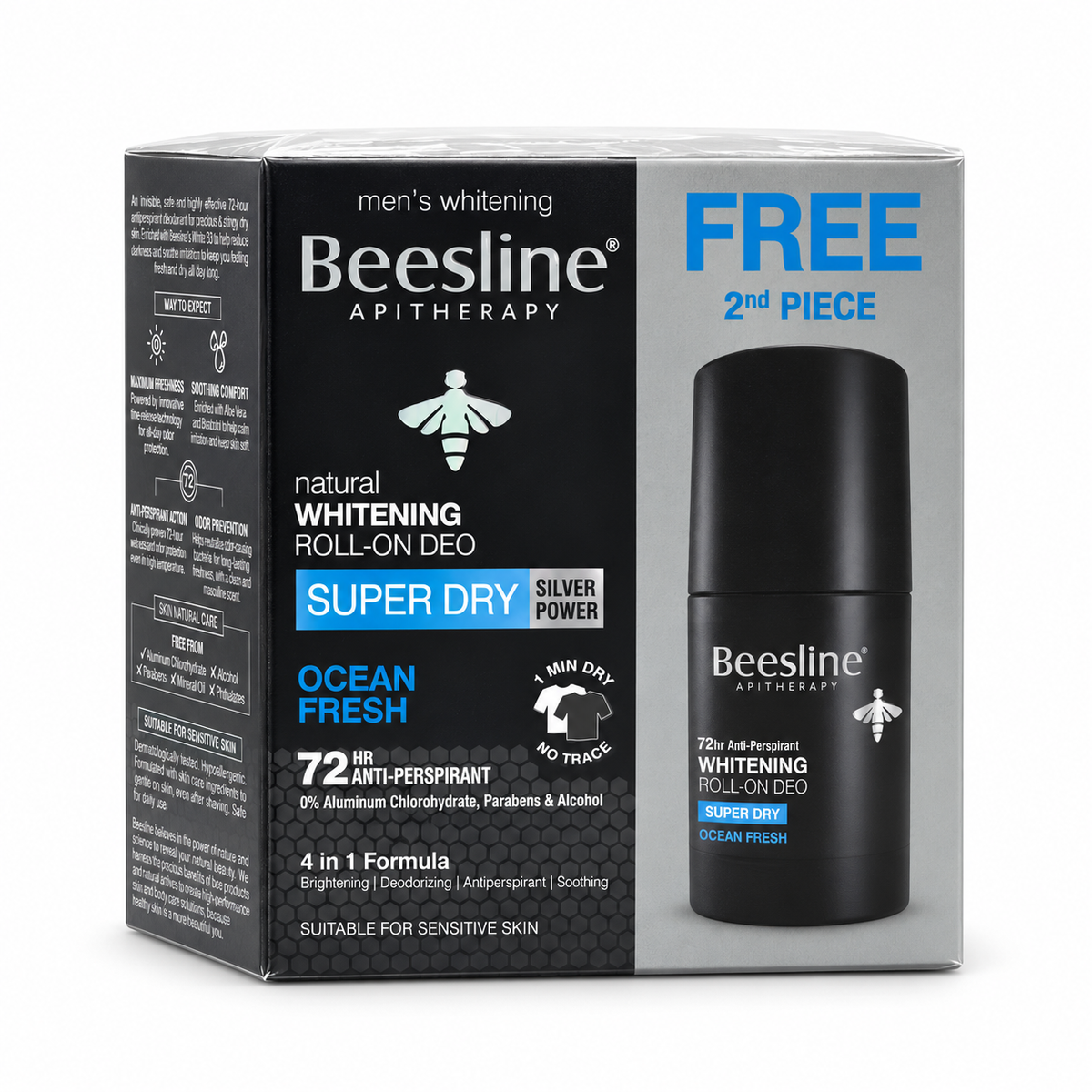 Beesline Men’s Whitening Roll-On Deo Super Dry Ocean Fresh 1+1 Offer - بيزلين رول أون للتفتيح للرجال سوبر دراي أوشن فريش عرض الحبة الثانية مجانًا