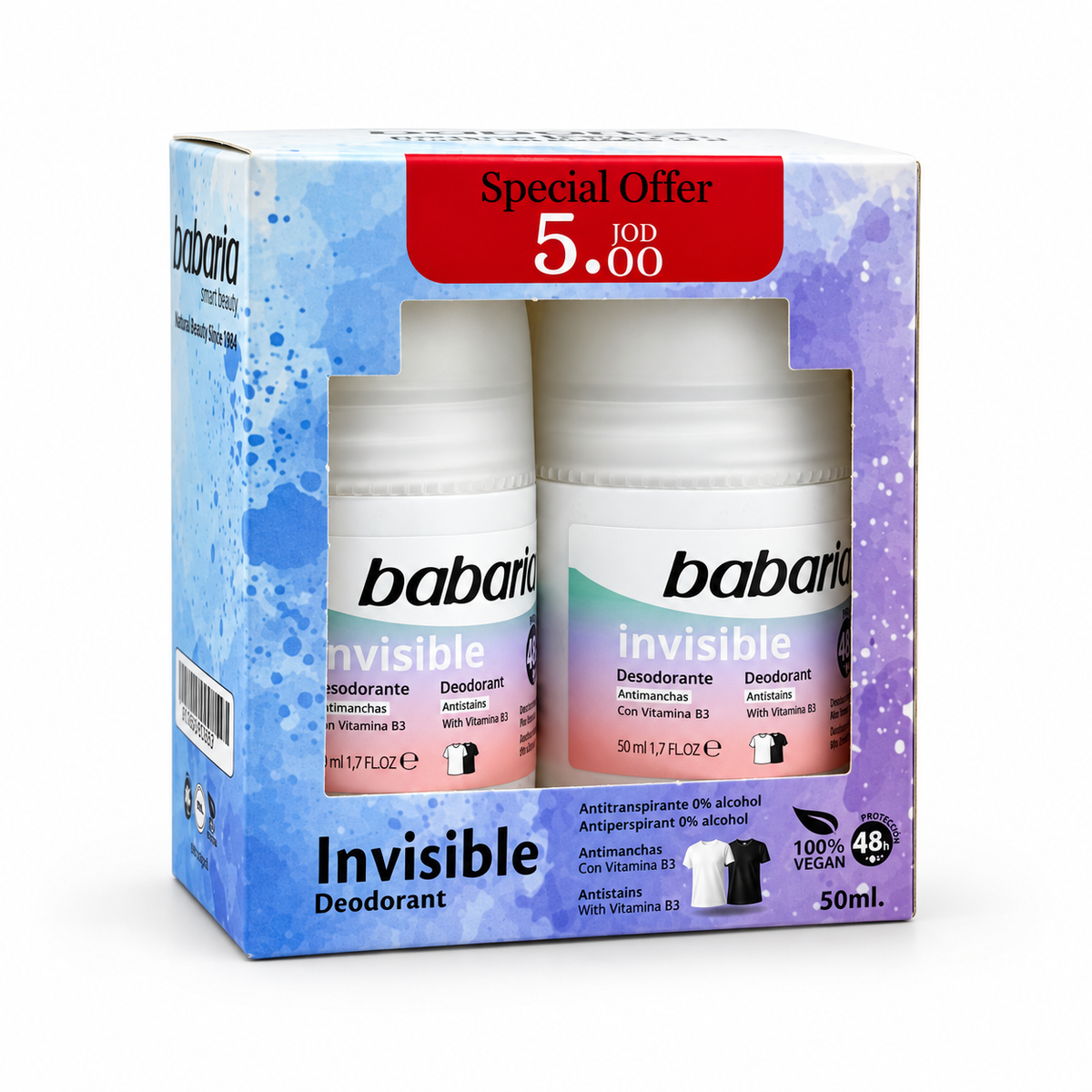 Babaria Invisible Antiperspirant Roll-On Deodorant 50 ml - باباريا إنفيزيبل رول أون مضاد للتعرق ومزيل للرائحة ٥٠ مل
