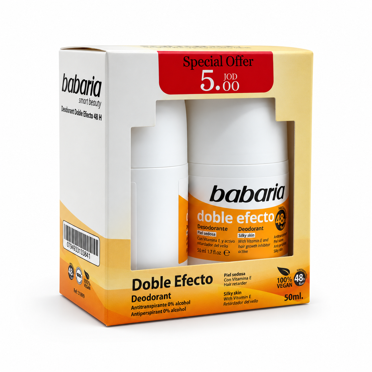 Babaria Double Effect Antiperspirant Roll-On Deodorant 50 ml - باباريا دبل إفكت رول أون مضاد للتعرق ومزيل للرائحة ٥٠ مل
