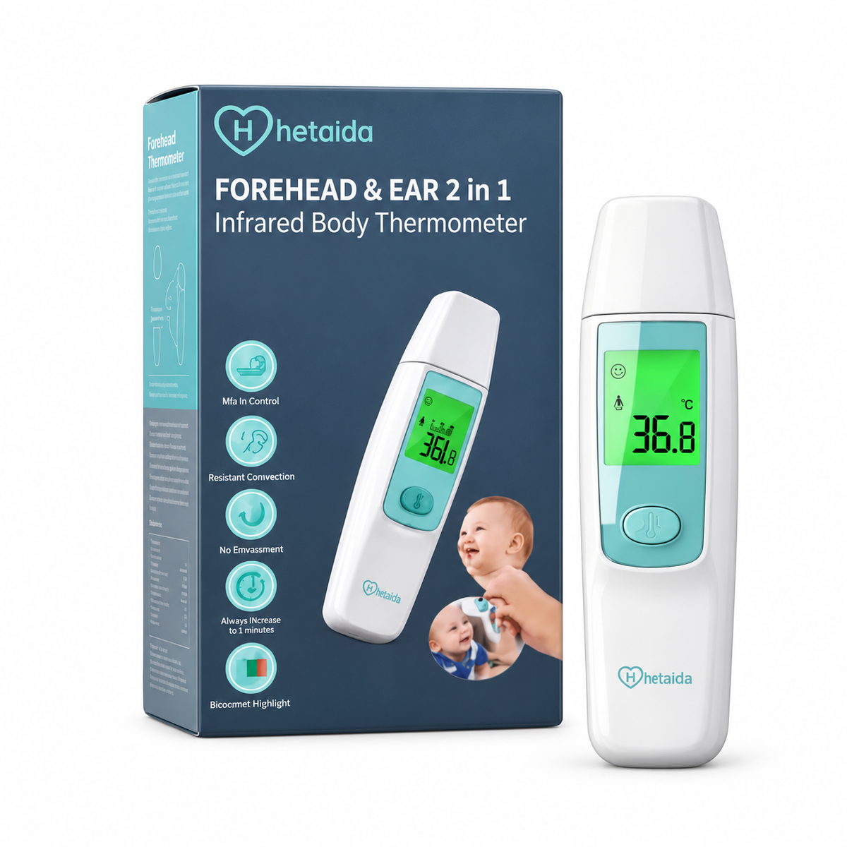 Hetaida 2-in-1 Forehead & Ear Infrared Thermometer - هيتايدا ميزان حرارة الجبهة والأذن بالأشعة تحت الحمراء ٢ في ١