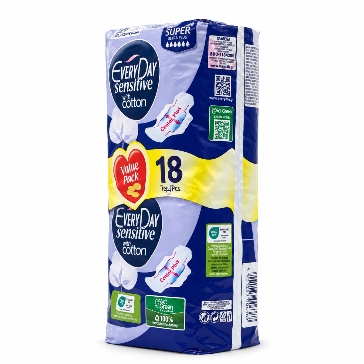 EveryDay Sensitive With Cotton Super Ultra Plus Sanitary Pads Value Pack 18 Pieces - إفري داي سينسيتيف سوبر ألترا بلس فوط صحية بالأجنحة عبوة اقتصادية ١٨ فوطة