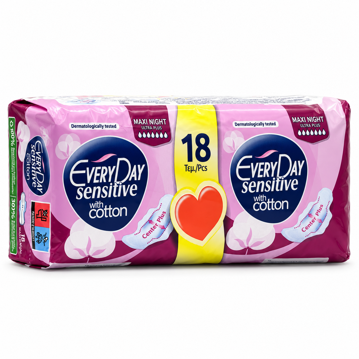 EveryDay Sensitive With Cotton Maxi Night Ultra Plus Sanitary Pads 18 Pieces  إفري داي سينسيتيف ماكسي نايت ألترا بلس فوط صحية ليلية ١٨ فوطة