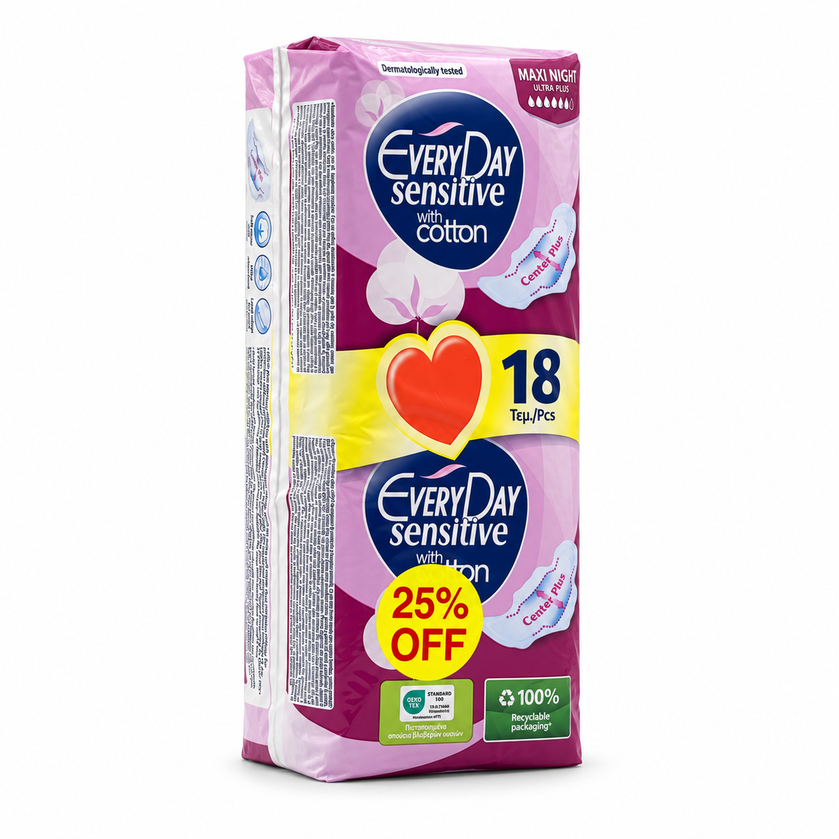 EveryDay Sensitive With Cotton Maxi Night Ultra Plus Sanitary Pads 18 Pieces  إفري داي سينسيتيف ماكسي نايت ألترا بلس فوط صحية ليلية ١٨ فوطة
