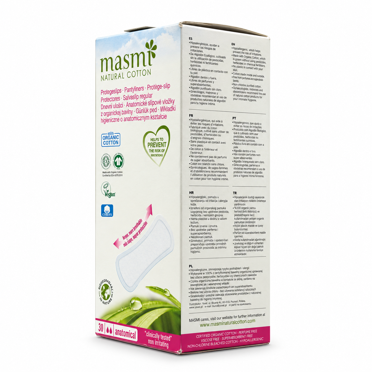 Masmi Organic Cotton Anatomical Pantyliners 30 Pieces - ماسمي فوط يومية بالقطن العضوي بتصميم يناسب شكل الجسم ٣٠ فوطة