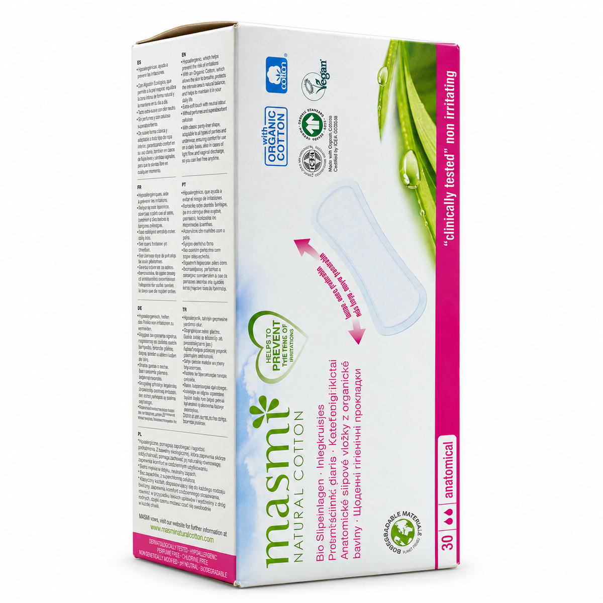 Masmi Organic Cotton Anatomical Pantyliners 30 Pieces - ماسمي فوط يومية بالقطن العضوي بتصميم يناسب شكل الجسم ٣٠ فوطة