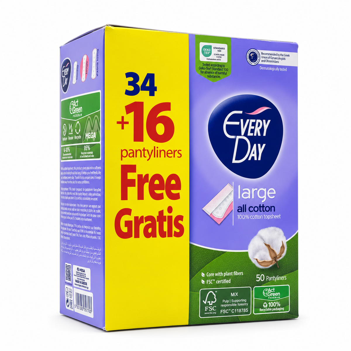 EveryDay Large All Cotton Pantyliners 50 Pieces 34 + 16 Free - إفري داي فوط يومية كبيرة بسطح قطني ٥٠ فوطة عرض ٣٤ + ١٦ مجانًا