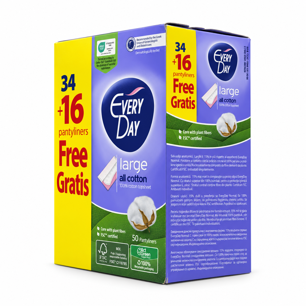 EveryDay Large All Cotton Pantyliners 50 Pieces 34 + 16 Free - إفري داي فوط يومية كبيرة بسطح قطني ٥٠ فوطة عرض ٣٤ + ١٦ مجانًا
