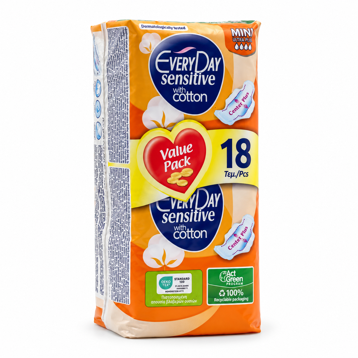 EveryDay Sensitive With Cotton Ultra-Thin Sanitary Pads Value Pack 18 Pieces - إفري داي سينسيتيف فوط صحية رفيعة بالأجنحة للتدفق الخفيف عبوة اقتصادية ١٨ فوطة