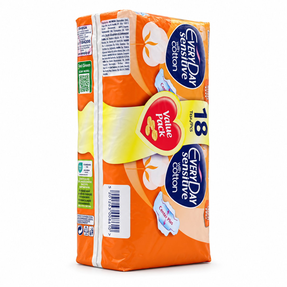 EveryDay Sensitive With Cotton Ultra-Thin Sanitary Pads Value Pack 18 Pieces - إفري داي سينسيتيف فوط صحية رفيعة بالأجنحة للتدفق الخفيف عبوة اقتصادية ١٨ فوطة