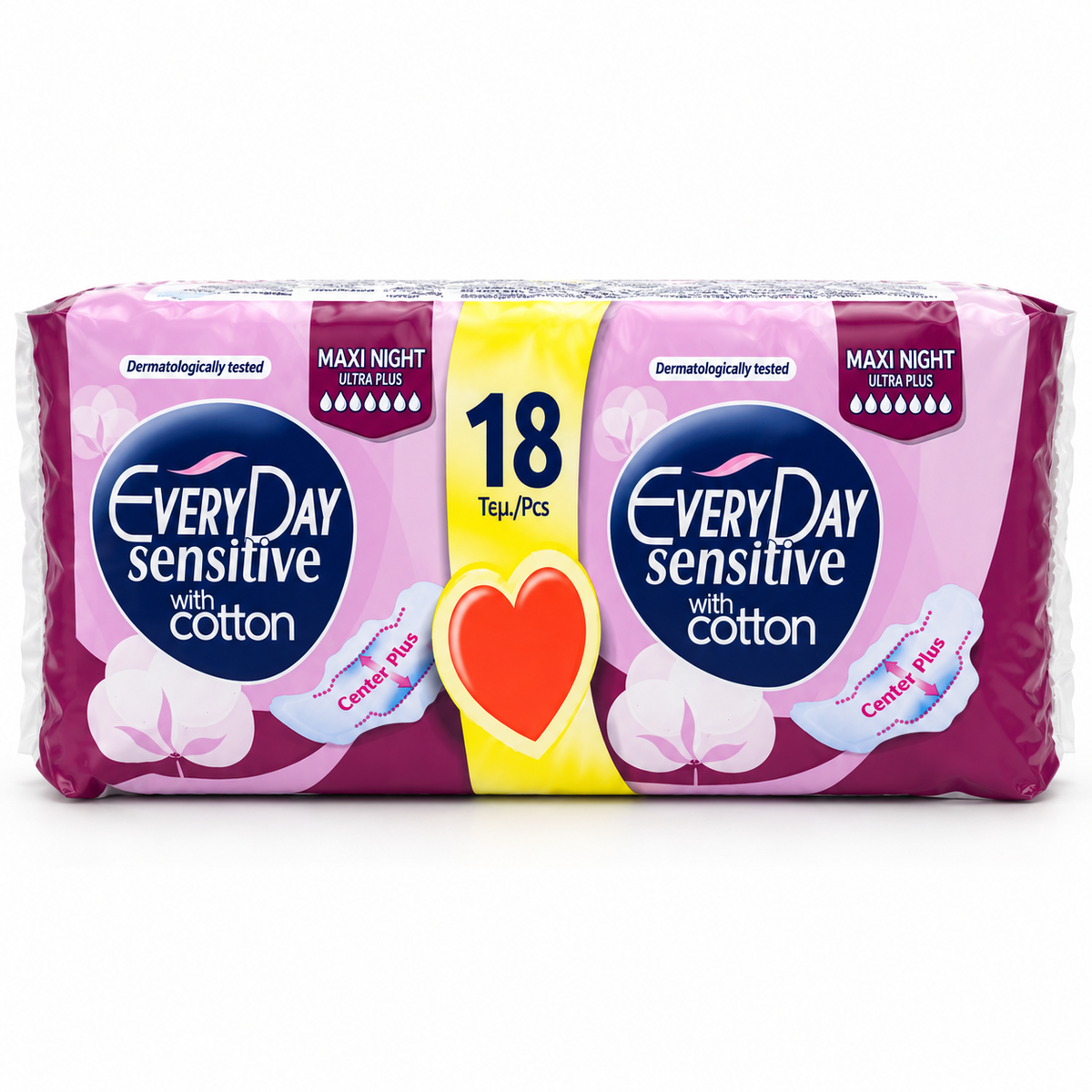 EveryDay Sensitive With Cotton Maxi Night Ultra Plus Sanitary Pads 18 Pieces - إفري داي سينسيتيف ماكسي نايت ألترا بلس فوط صحية ليلية ١٨ فوطة