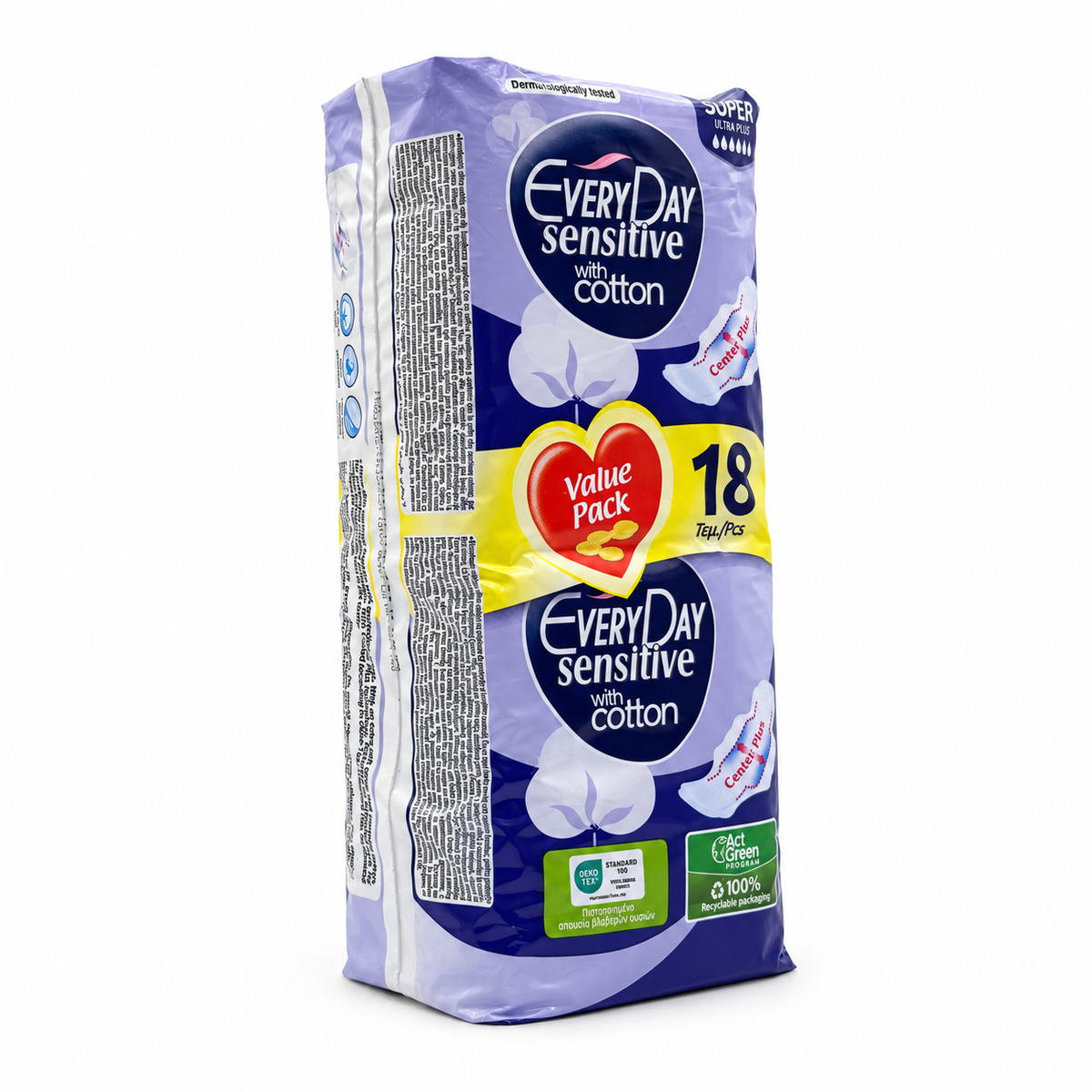 EveryDay Sensitive With Cotton Super Ultra Plus Sanitary Pads Value Pack 18 Pieces - إفري داي سينسيتيف سوبر ألترا بلس فوط صحية بالأجنحة عبوة اقتصادية ١٨ فوطة