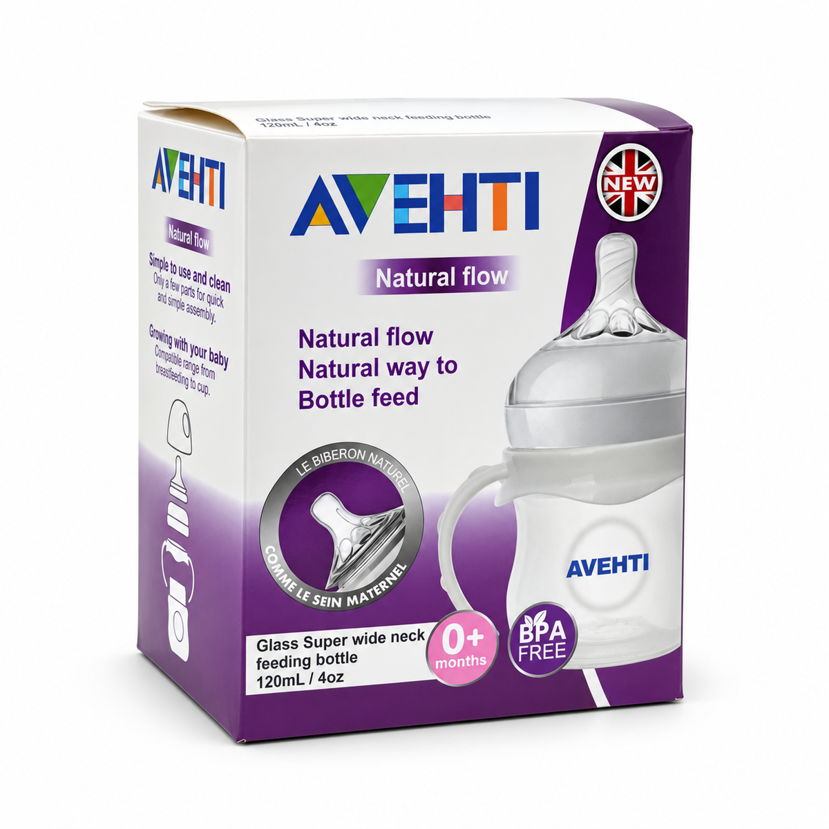 AVEHTI Natural Flow Glass Super Wide Neck Feeding Bottle 0 Months+ 120 ml -أفيهتي ناتشورال فلو رضاعة زجاجية برقبة فائقة الاتساع منذ الولادة ١٢٠ مل
