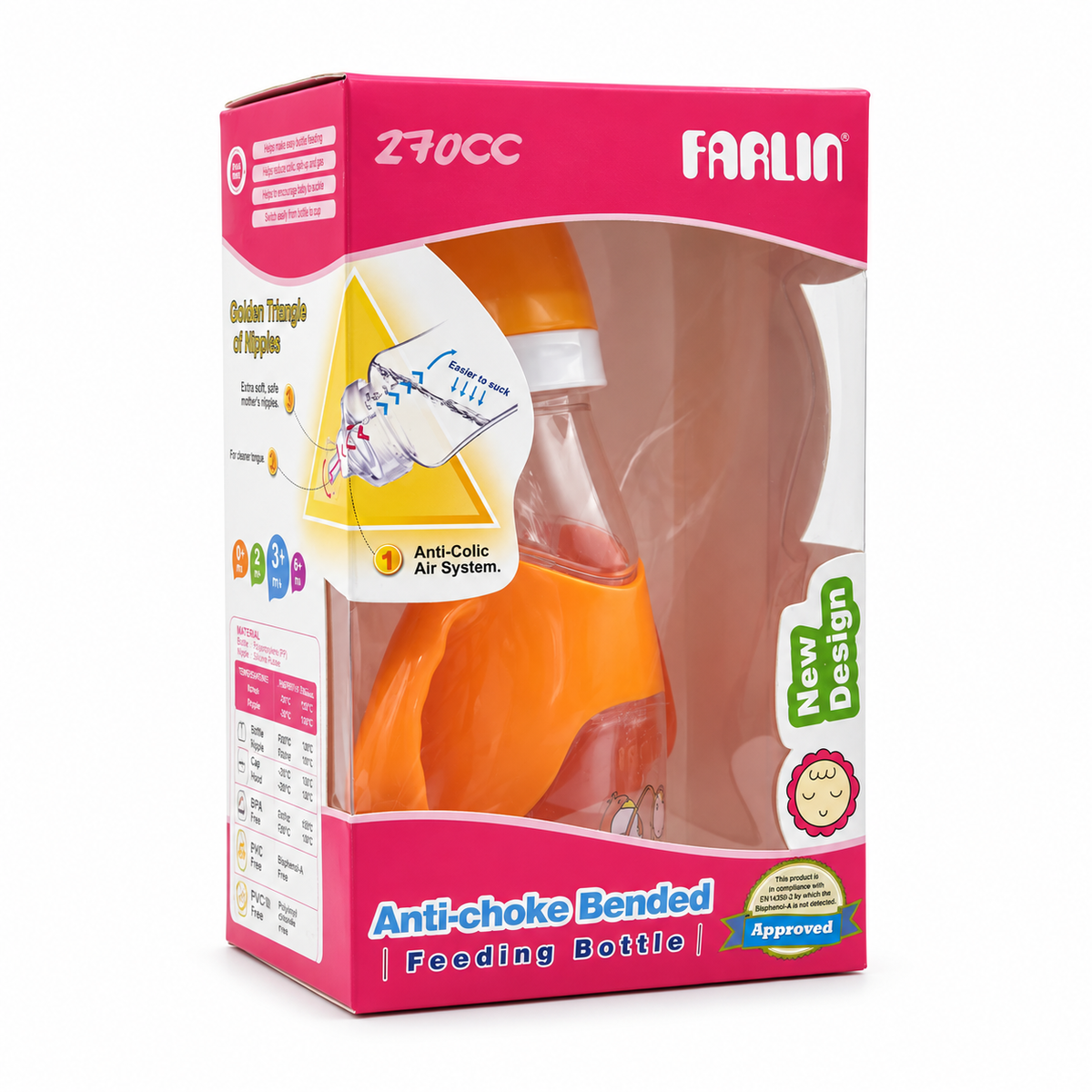 FARLIN Anti-Choke Bended Feeding Bottle Orange 9 Months+ 270 ml - فارلين رضاعة أطفال منحنية لون برتقالي لعمر ٩ أشهر فما فوق ٢٧٠ مل