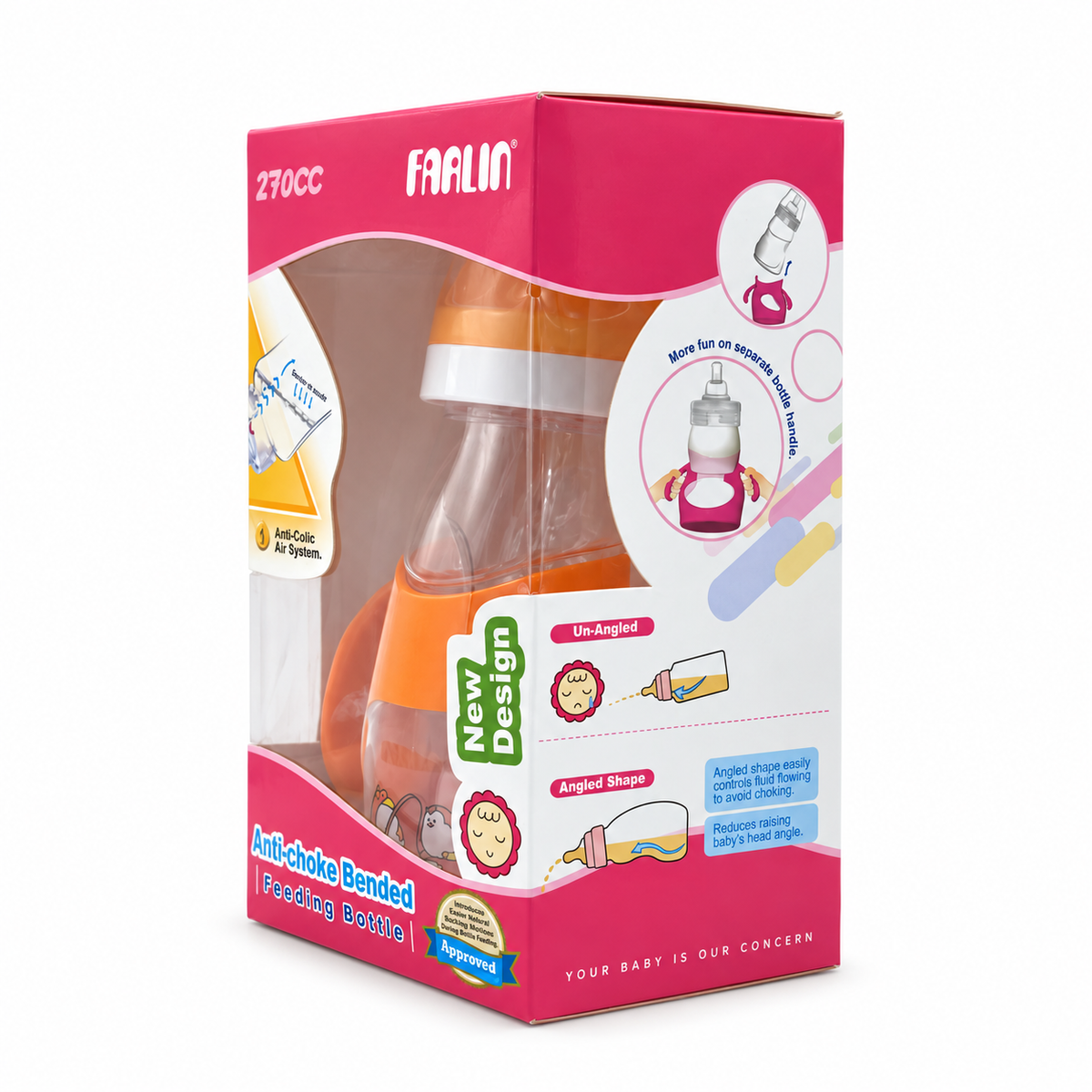 FARLIN Anti-Choke Bended Feeding Bottle Orange 9 Months+ 270 ml - فارلين رضاعة أطفال منحنية لون برتقالي لعمر ٩ أشهر فما فوق ٢٧٠ مل