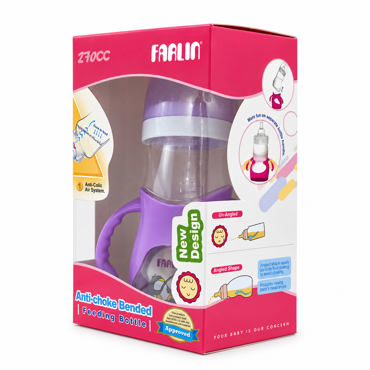 FARLIN Anti-Choke Bended Feeding Bottle Purple 9 Months+ 270 ml -فارلين رضاعة أطفال منحنية لون بنفسجي لعمر ٩ أشهر فما فوق٢٧٠ مل