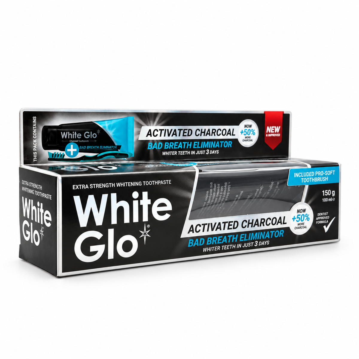 White Glo Extra Strength Activated Charcoal Whitening Toothpaste 100 ml with Pro-Soft Toothbrush-  وايت جلو معجون أسنان للتبييض بقوة إضافية بالفحم النشط ١٠٠ مل مع فرشاة برو سوفت