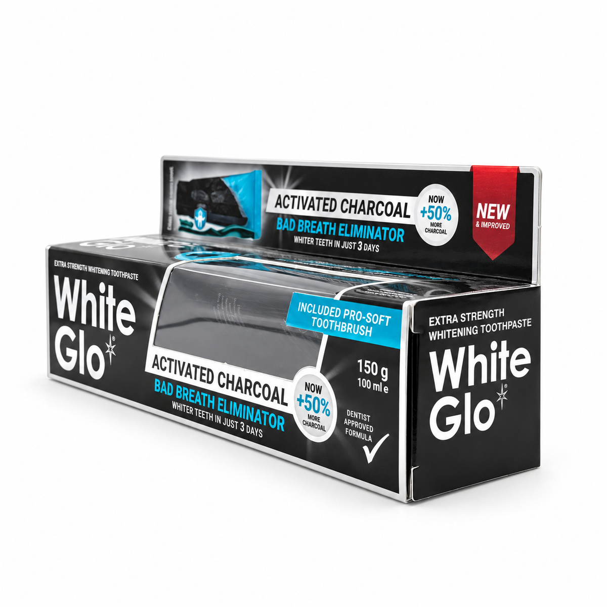 White Glo Extra Strength Activated Charcoal Whitening Toothpaste 100 ml with Pro-Soft Toothbrush-  وايت جلو معجون أسنان للتبييض بقوة إضافية بالفحم النشط ١٠٠ مل مع فرشاة برو سوفت