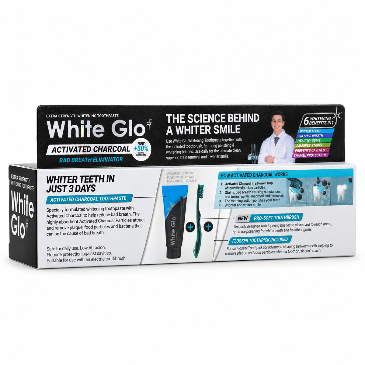 White Glo Extra Strength Activated Charcoal Whitening Toothpaste 100 ml with Pro-Soft Toothbrush-  وايت جلو معجون أسنان للتبييض بقوة إضافية بالفحم النشط ١٠٠ مل مع فرشاة برو سوفت